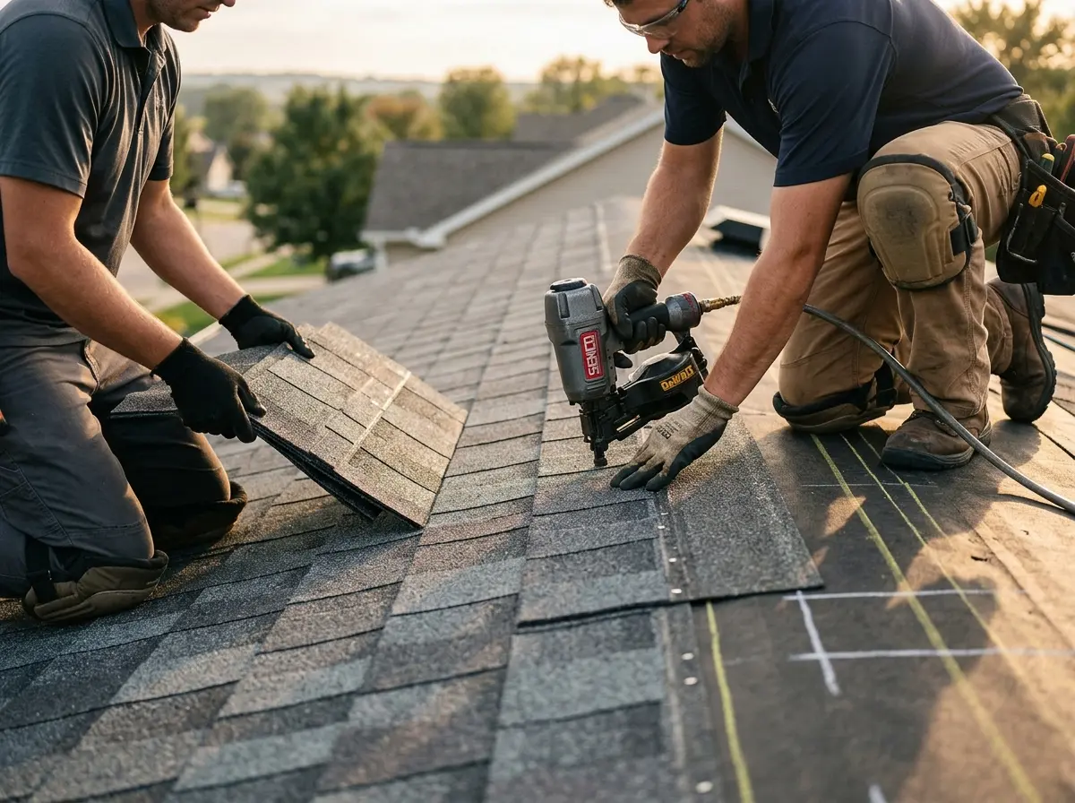 Professional roofer working on a residential roof in North Charleston